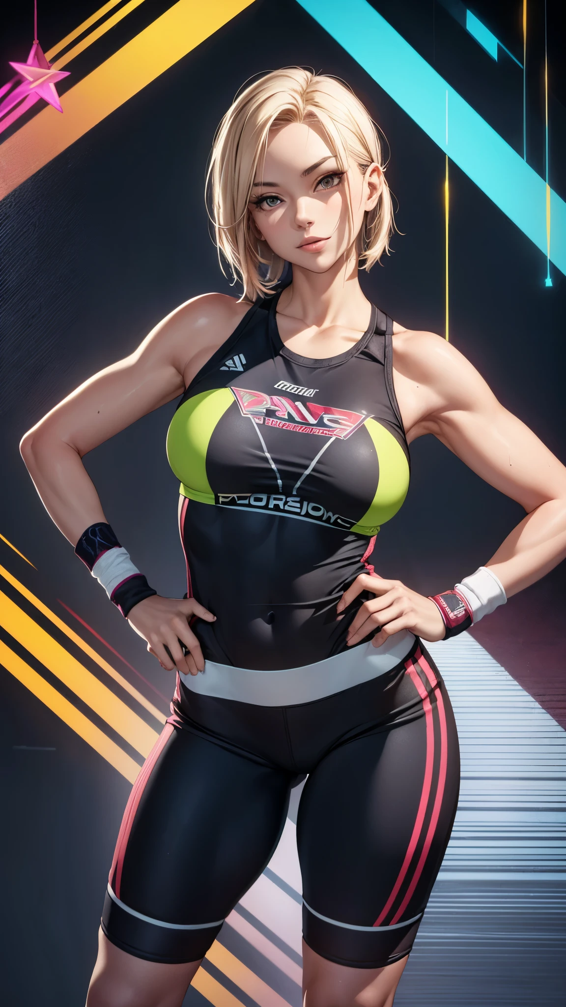 (best quality,4k,8k,highres,masterpiece:1.2),ultra-detailed,(realistic,photorealistic,photo-realistic:1.37),inside the sports gym,dance studio,(full body),very slender body,beautiful detailed eyes,beautiful detailed lips,extremely detailed eyes and face,longeyelashes,lean and fit body,confident smile,energetic pose,attractive appearance,colorful background,vibrant colors,studio lighting,bokeh,female artist,15 years old girl,professional,blonde short bob hair,((sweatband)),aerobics instructor,grin,sweat,active lifestyle,sporty look,sports bra,shorts,((socks,race-up-long-boots)),flexible movements,slenderness body,shiny texture,sculpted figure,progressive fitness environment,positive attitude,healthy glow,fitness motivation,dedicated trainer