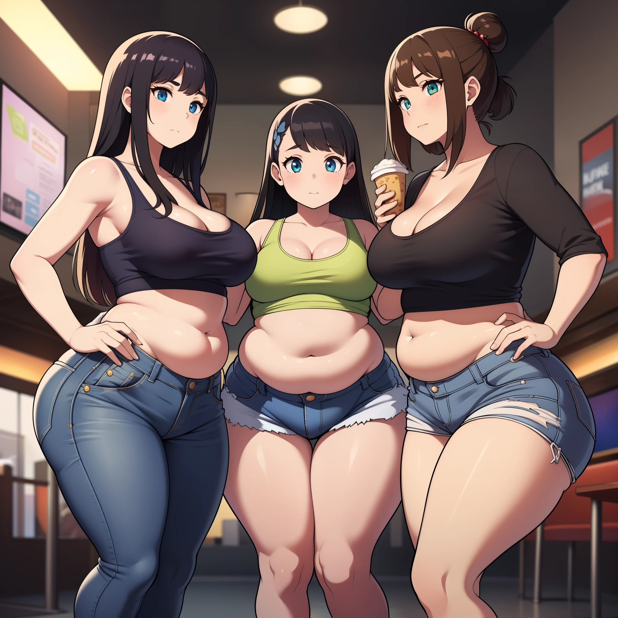 ((highres)), Masterpiece, high quality, best quality, beautiful, perfect lighting, detailed face, ultra cute face, (((3girls))), one girl has blonde hair, blue eyes, crop top and shorts skindentation, one girl has brown hair, green eyes, jeans, white shirt, tight clothes, one girl has, Short black hair, brown eyes, crop top and shorts full body, fast food restaurant, cleavage, medium breasts, ((wide hips)), ((thick thighs)), ((plump)), chubby belly, fat folds, belly hang, standing, touching each other,