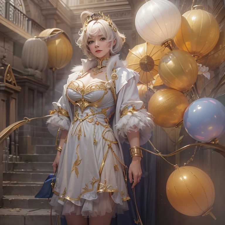 (masterpiece:1.3), (8k, Realistic, RAW Photos, Best image quality: 1.4), Fair-skinned fairy woman、short hair、Cleavage:2.0、Highly detailed face、Attention to detail、double eyelid、Sharp focus:1.2、Beautiful woman:1.4、highest quality、masterpiece、Ultra-high resolution、(Realistic:1.4)、Highly detailed and professionally lit smiles、カーネ・グリフィスを彷彿andさせる非常に詳細な線画, (Donald Trump'clown:1.7), (balloon:1.4), With the power of Vadim Kassim'大胆な色彩and質感, Light and airy, Like the works of Carl Larsson, dark background, dark, evil, fire, パスカル・ブランシュ風の超Realisticなキャラクター, pastel, Grace, Draandic lighting, Expressive camera angles, and, Concept Art, amusement park, masterpiece