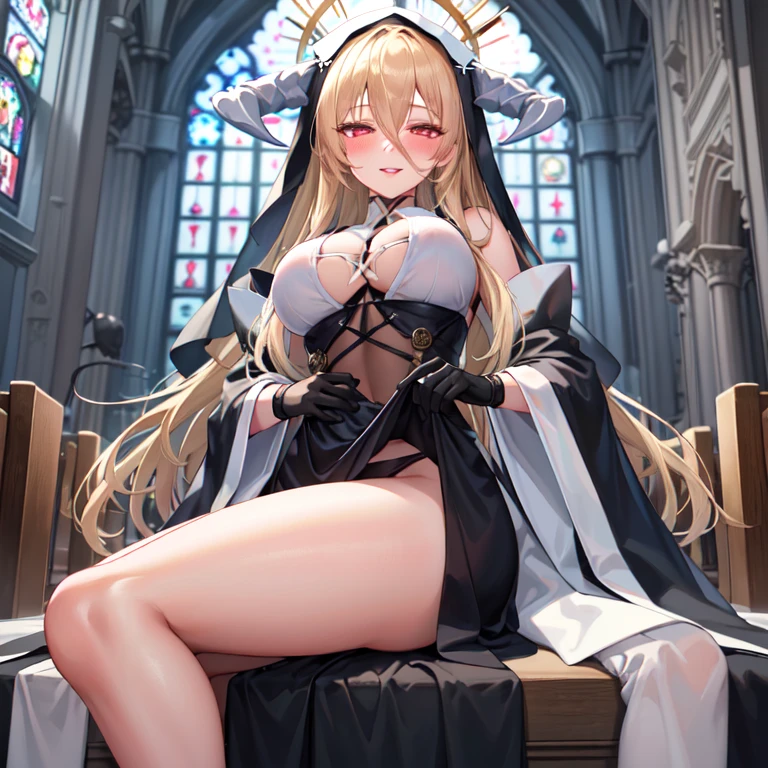 1 girl, solitary, unyielding \(Blue Lane\), sit, veil, nun, fake horns, clothes lift, Black, Between breasts, Hair between the eyes, Halo, Wide sleeves, looking at the audience, Black gloves, , White, Smile, blush, Half closed eyes,Open your lips, (church)