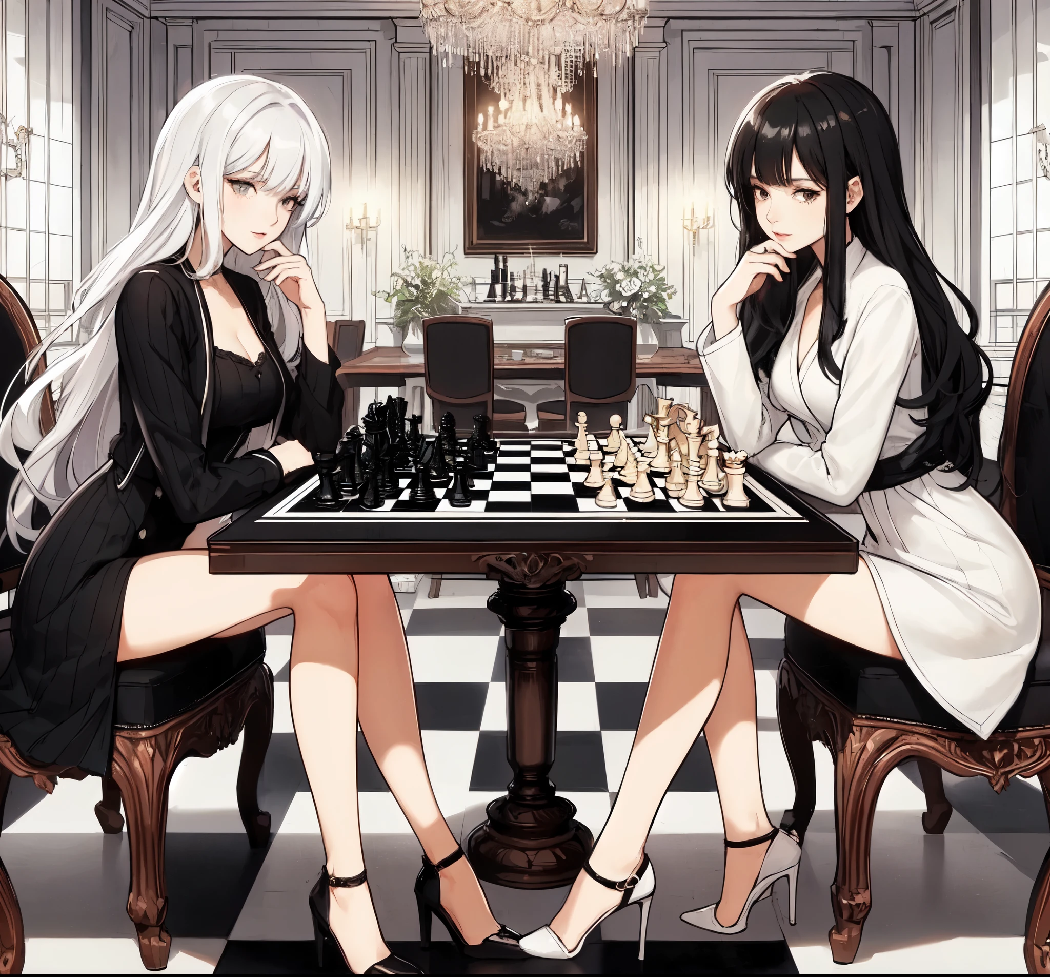 2ladies, from side, sitting across chessboard, (facing each other), stylish outfit, mature female, cool expression, (light smile:0.6), looking at viewers, (masterpiece bestquality:1.2) delicate illustration ultra-detailed, large breasts BREAK 1lady, (white hair) bangs, (black chic clothes) BREAK 1lady, (black hair) bangs, (white chic clothes) BREAK (luxurious room) indoors, (chessboard) (black and white:1.1), chessboard on table, noon, detailed background
