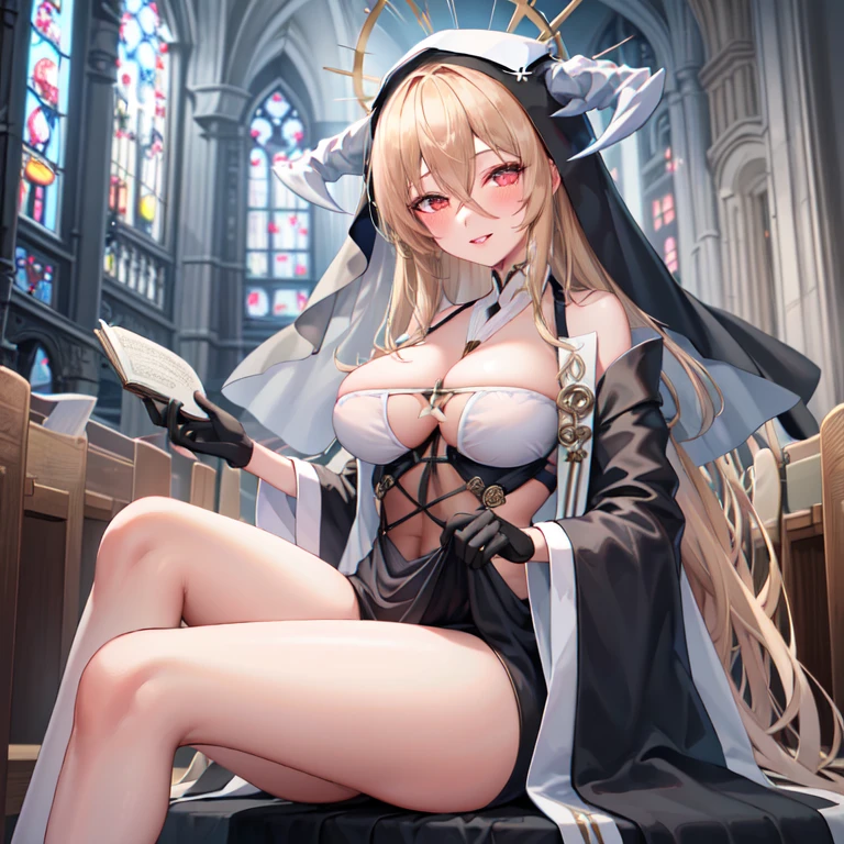 1 girl, Solitary, unyielding \(Blue Lane\), sitting, veil, nun, fake horns, Clothes lift, Black, between breasts, Hair between the eyes, Halo, Wide sleeves, Looking at the audience, Black gloves, , White, Smile, blush, Half closed eyes,Open your lips, (church)