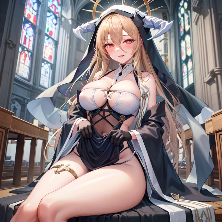 1 girl, Solitary, unyielding \(Blue Lane\), sitting, veil, nun, fake horns, Clothes lift, Black, between breasts, Hair between the eyes, Halo, Wide sleeves, Looking at the audience, Black gloves, , White, Smile, blush, Half closed eyes,Open your lips, (church)