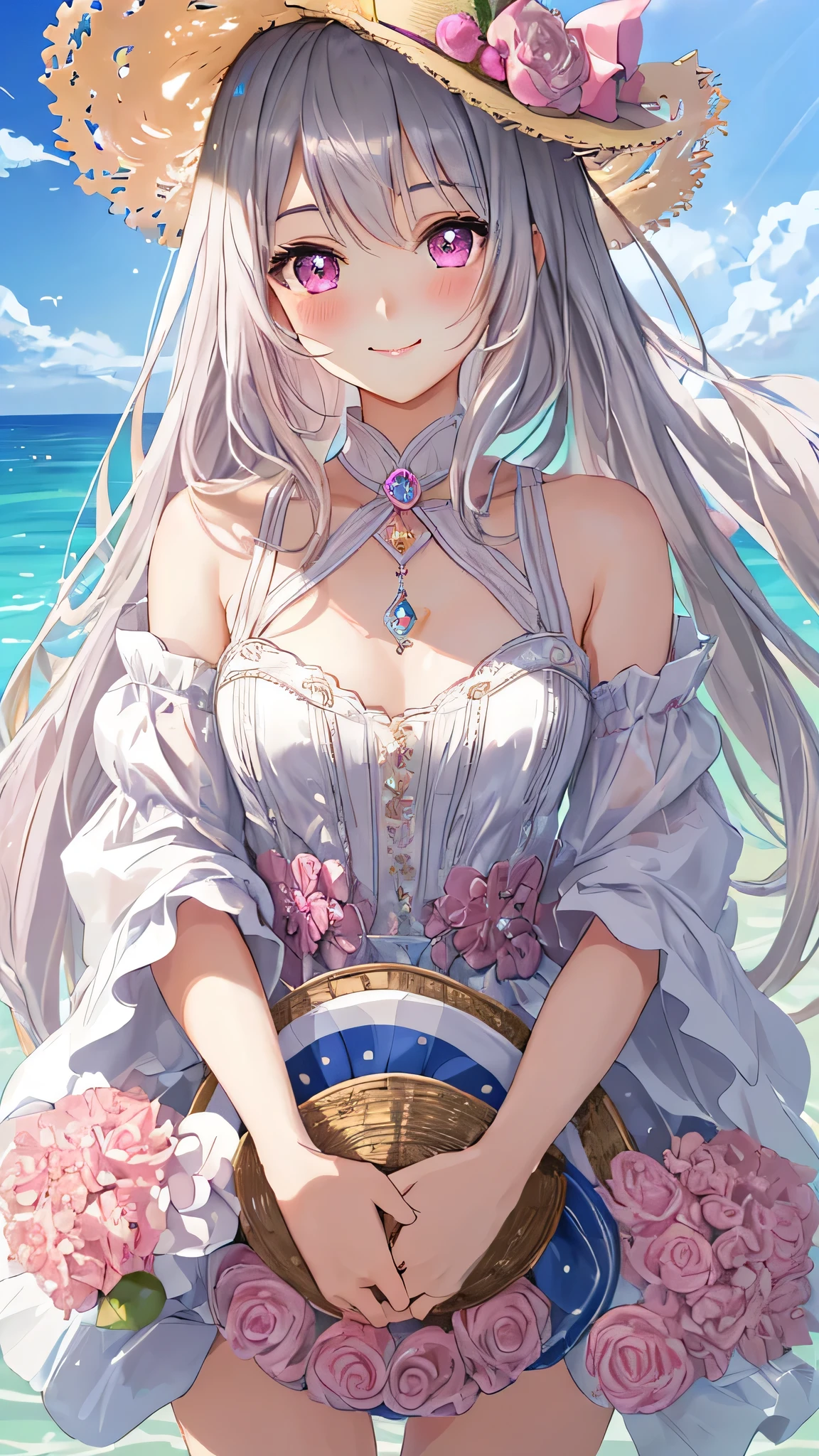 masterpiece,highest quality,Highly detailed face,Fine grain,Sparkling eyes,Highlighted eyes,Medium chest,blush、smile、pretty girl,Cat ear,Beautiful silver hair,Pink inside,Beautiful pink eyes,one piece、Straw hat、Ocean