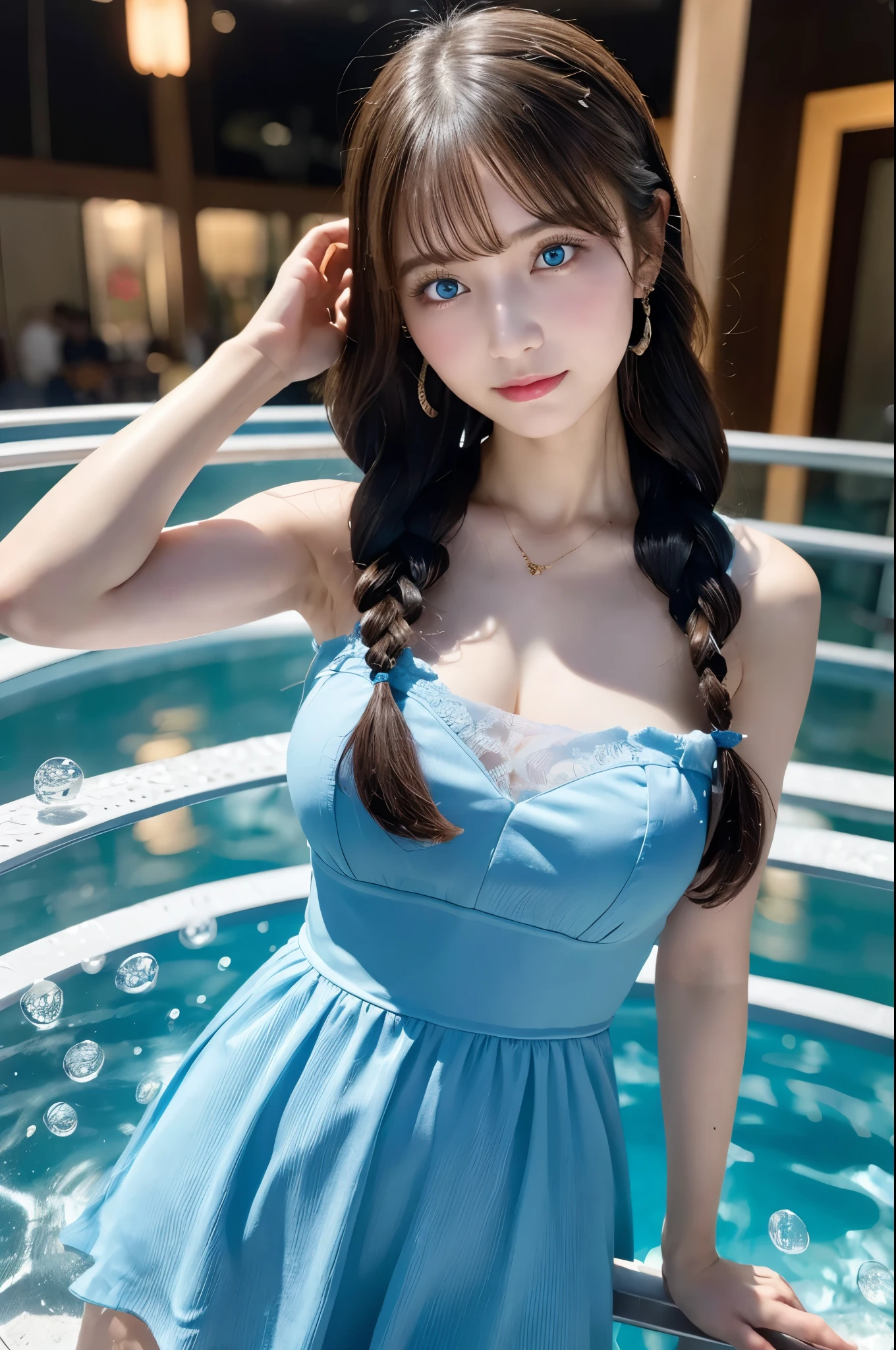 Advanced 3D Digital Art, A very cute and beautiful woman in a dress made of water , whole body, Very long wavy blue hair, Braided hair, White highlights on hair, Blue watery blue eyes, Perfect round face, Japanese cute pretty young J-pop idol actress face girl, Cinema Lighting, Shot in the middle, Very detailed, Topics on pixiv, Art Station, Deviant Art, Nico Video, Stephen Artgerm Four, Wow, rosses, Nguyen Family, Thiago Jean, Andrey Ryabovitchev, totorrl, Marcos Simonetti, Visual Key, e sakimichan