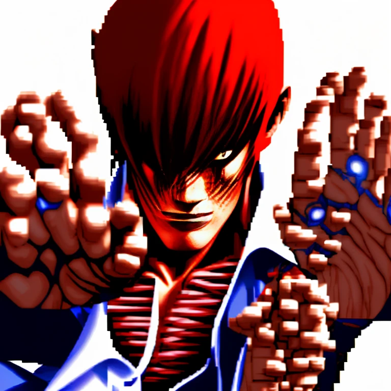 One hand is held like a cat、(Perfect details,masterpiece, Good details),(良い照明 Perfect details, Perfect eye details, Perfect anatomy details,(Iori Yagami, King of Fighters,), Iori Yagami, KOF,(original design：Yagami-an,),A perfect move with no mistakes, エラーのないPerfect details, Excellent anatomical details, Redhead,Sharp Eyes