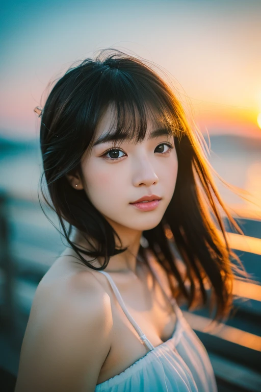 Japanese beautiful girl, ((Fisheye Lens, )) Wind, sunset, Ocean、Look down,front、 (Aesthetics and atmosphere:1.2),笑顔の美しいwoman、8k、Ultra HD、woman1人((highest quality, 8K, masterpiece: 1.3)), woman (Wearing a white dress), Dancing,Sharp focus: 1.2, cute woman: 1.4, (((Random hairstyle)), Highly detailed face、skin、Hair Texture, detailed eyes, double eyelid, 白いskin, Beautiful and delicate nose, かわいい若い日本のwoman, 28 years old, At a dynamic angle, Pleasant to the eye、Thought-provoking composition, Emphasize the subject's hair, Words and actions, The muted tones and contrast of light and shadow create a melancholic feeling.,