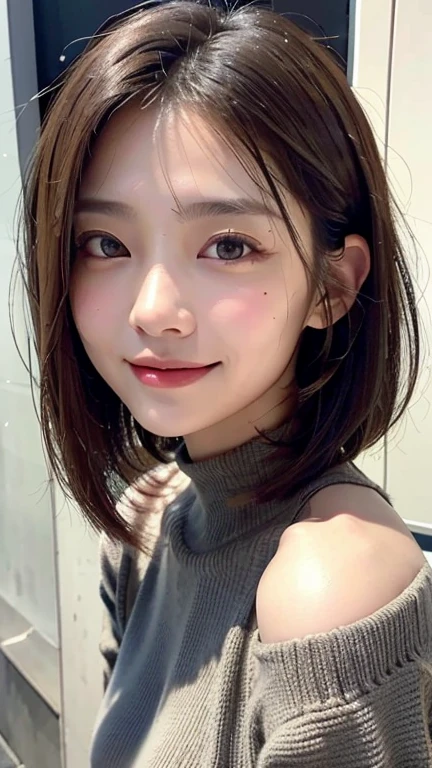 (((Close-up of face)))、(((Absolutely shoulder-length brown straight short bob)))、(((She is posing like a hair salon model, with a black wall indoors as the background.)))、(((Casual black winter long sleeves with shoulders covered)))、(Natural laughter:1.25)、Half Japanese, half Korean、18 year old girl、Standing Alone、Looking forward、Light eye makeup、Brown Hair Color、Flat and 、Hair blowing in the wind、Actress Quality、Glossy, ultra-realistic face、Smiling face、Watery eyes、Gazing Up、Subtle lighting effects、 Ultra-Realistic Capture、Very detailed、High resolution 16K close up of human skin。Skin texture must be natural、The details must be such that pores can be clearly seen、The skin is healthy、Uniform tone、Use natural light and colors、A worn-out, high-quality photo taken by a model agency's in-house photographer.、smile、(((SIGMA 300 mm F/1.4,1/1000 sec shutter,ISO 400)))