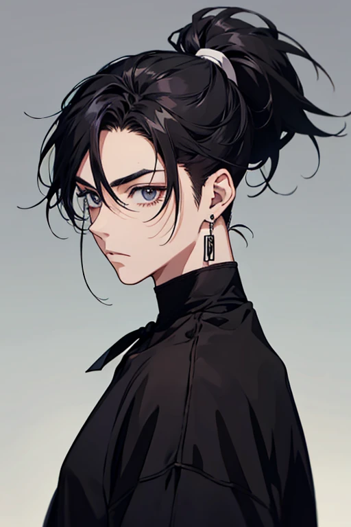 anime man gradient young black hair with shaved ponytail on the sides serious with black earrings sweatshirt black ribbon