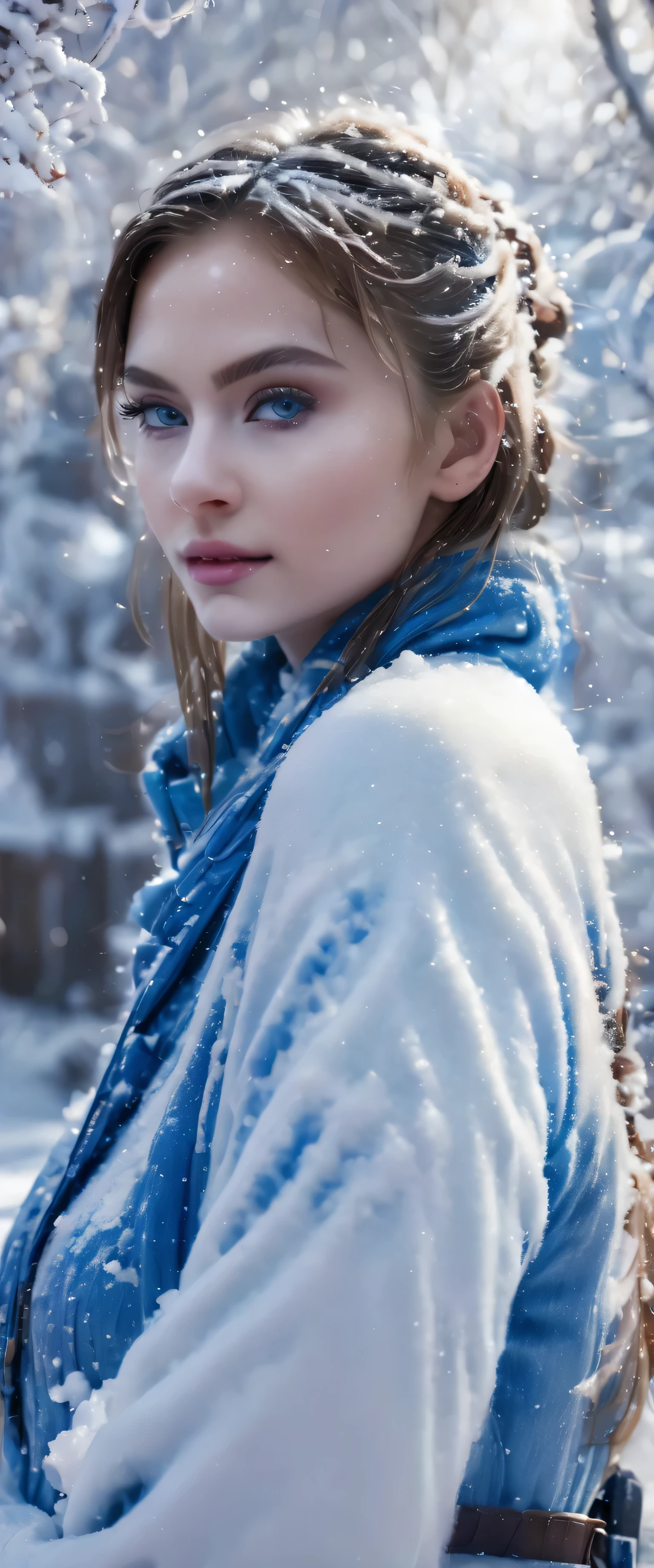 (masterpiece, best quality:1.2), 1girl, solo,(8k, RAW photo, photorealistic:1.25) ,( lip gloss,closed mouth, eyelashes, glossy side, shiny skin, best quality, ultra high resolution, depth of field, chromatic aberration, caustic, wide light, natural shadow, blue eyes, snow)