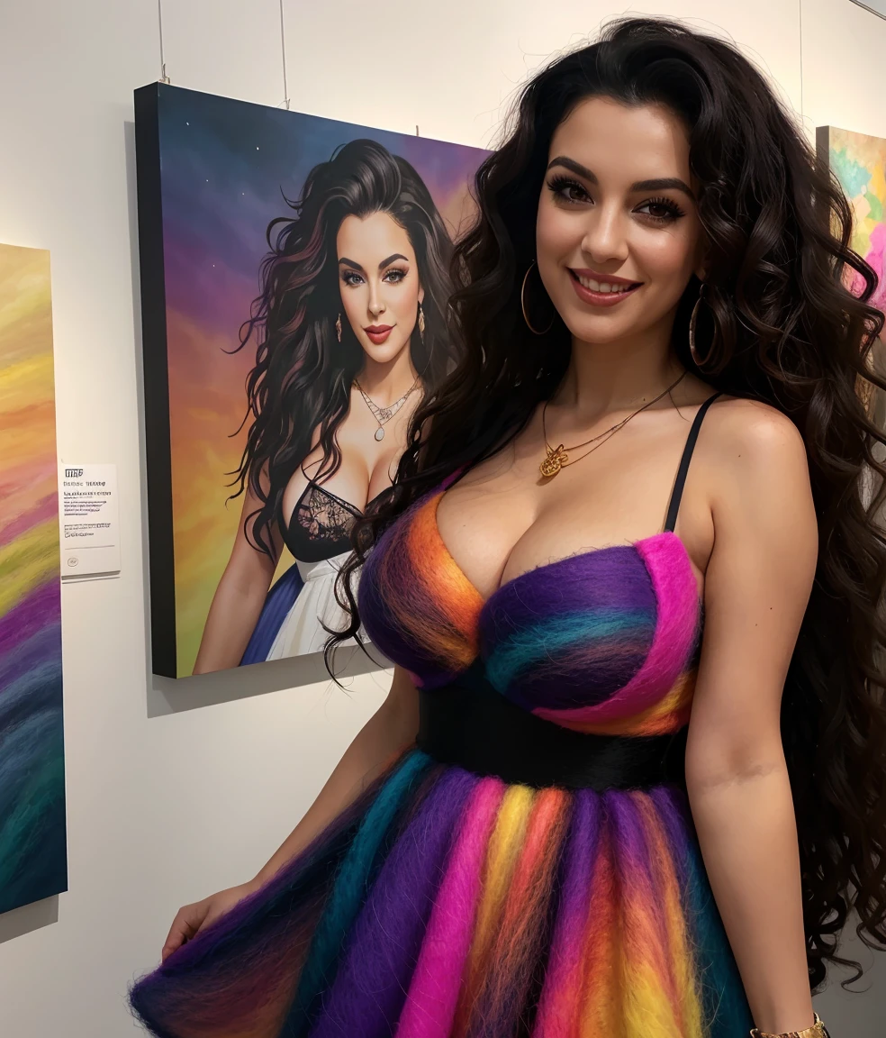 Image of a dark-haired woman with windblown curls, her hair is intertwined, like a flame against the twilight sky radiating beauty, Big breasts,   mascara, eyeliner, alluring necklace, wearing a colorful felt dress , at an art exibition in los angeles california,big happy smile, felted dress