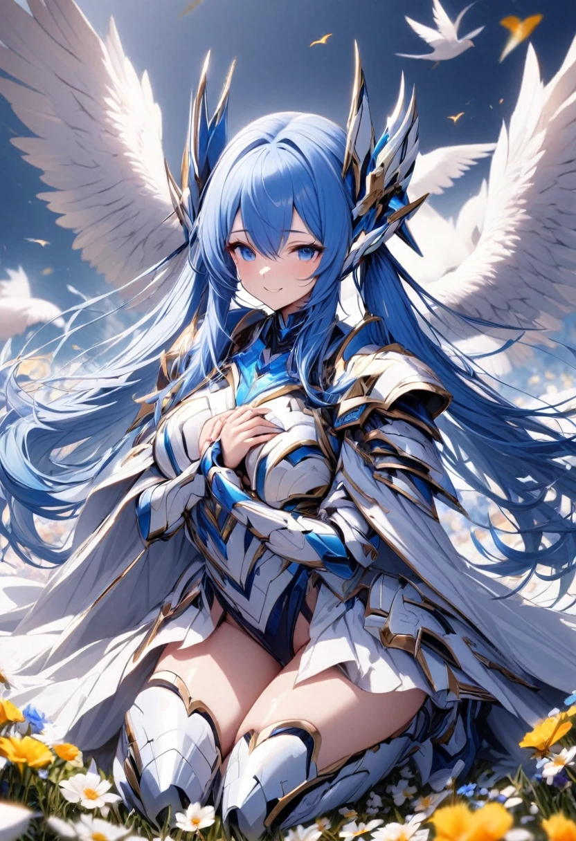 High quality, high definition, hig
h precision images,8k 1 Girl Robot Girl、Blue hair,Twin tails,blue eyes、A field of flowers,
,Blue and white clothing,He's wearing flashy robot armor、luxurious headgear、Kneel up on one knee in the flower field sit 、Bring your hands together and raise them to your chest, A white bird flies from my hand, Eyes looking at birds, Smile

