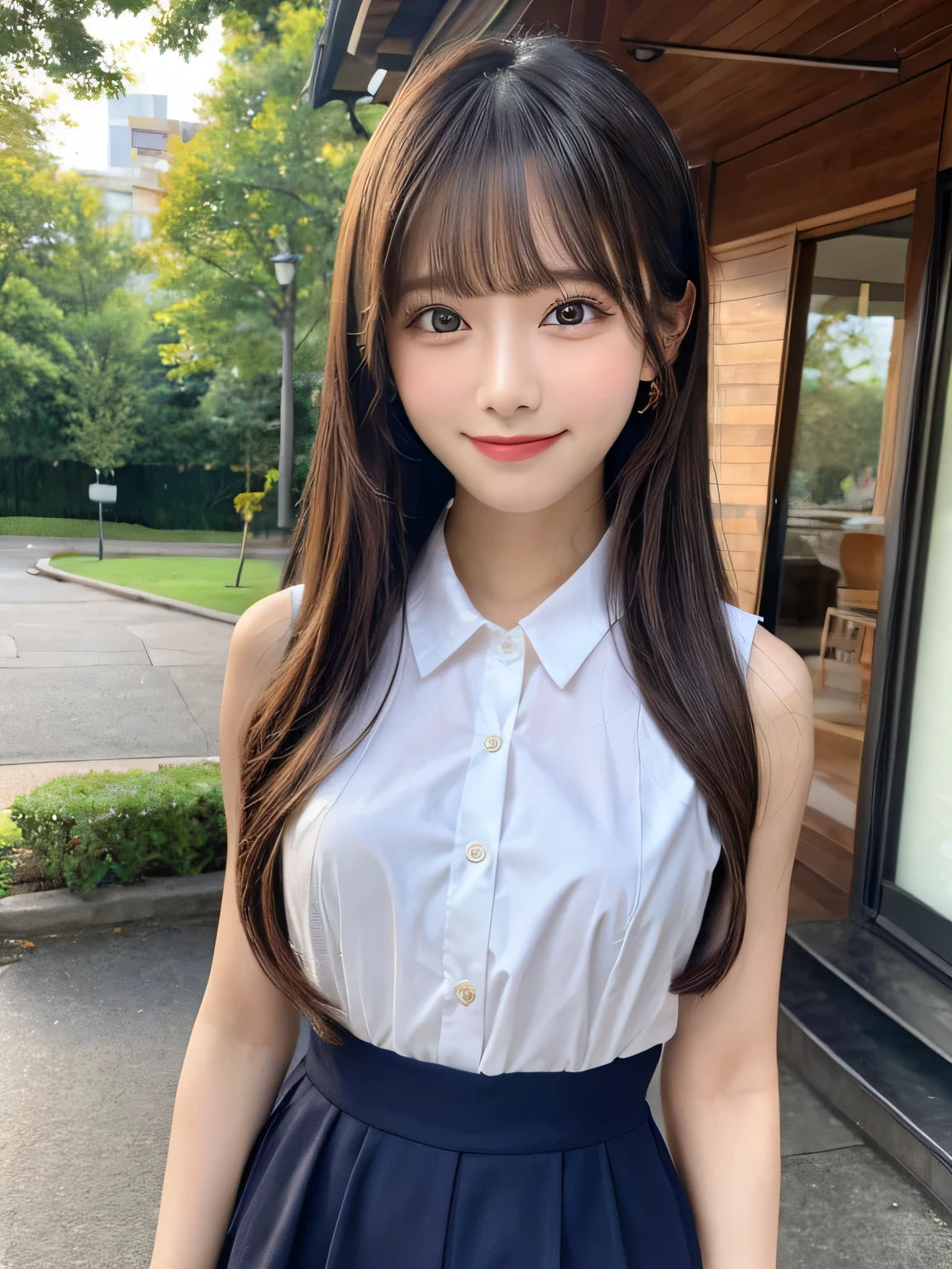 (masterpiece)、(High resolution)、(highest quality)、1 girl、smile、blush、Neck ribbon、View the viewer、ribbon、shirt、Long Hair、bangs、Hold hands、jewelry、Mouth closed、Collared shirt、Sleeveless