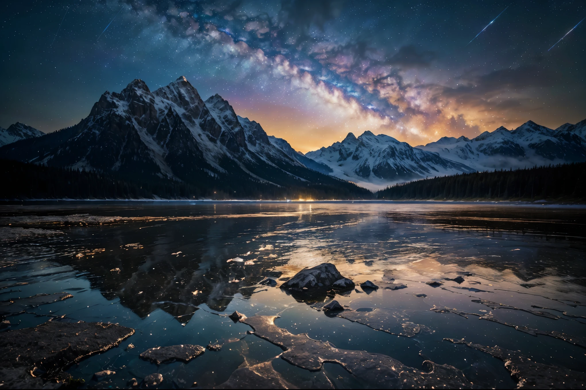 (a picturesque painting depicting) A serene sea under the dark sky, illuminated by the soft, ethereal glow of stars. The scene is set during a gentle rain, with droplets cascading down from the heavens and creating ripples on the water's surface. Towering mountains frame the horizon, their majestic peaks reaching towards the starry firmament. As night falls, a mesmerizing starfall takes place, with shooting stars streaking across the night sky. The vastness of the galaxy is revealed as the Milky Way spans across the canvas, adding a touch of cosmic wonder. The water sparkles under the moonlight, reflecting the beauty of the celestial scene above. The atmosphere is filled with a sense of tranquility and awe, inviting viewers to immerse themselves in the enchanting beauty of the natural world. (best quality,4k,8k,highres,masterpiece:1.2),ultra-detailed,(realistic,photorealistic,photo-realistic:1.37),HDR,UHD,studio lighting,vivid colors,sharp focus.