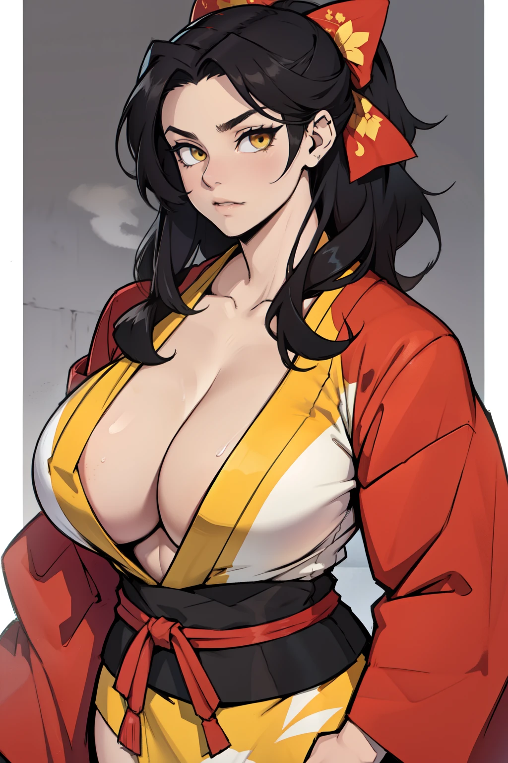 kimono pale skin 1 girl black hair yellow eyes bodybuilder huge breasts muscular toned body