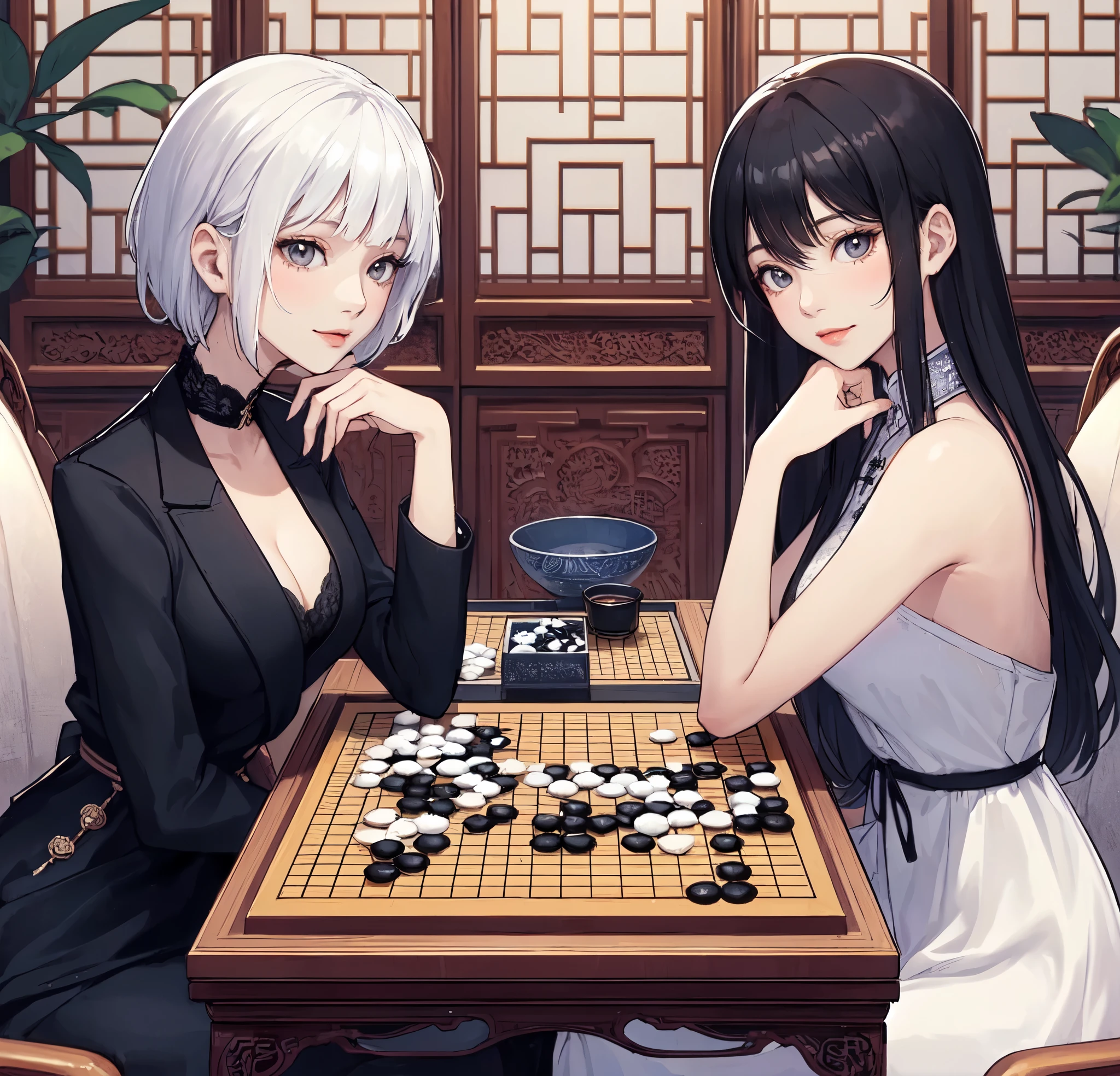 2ladies, from side, sitting across Go board, (facing each other), stylish outfit, mature female, cool expression, light smile, looking at viewers, (masterpiece bestquality:1.2) delicate illustration ultra-detailed, large breasts BREAK 1lady, (white hair) bangs, (black chic clothes) BREAK 1lady, (black hair) bangs, (white chic clothes) BREAK (luxurious Chinese-style room) indoors, (Go board) (black and white stones:1.1), Go board on table, noon, detailed background