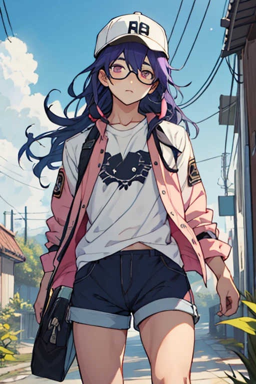 Hombre joven, cabello morado, ojos azules, gorra negra, camisa sin mangas, shorts, lentes de sol en la cabeza, Kawaii