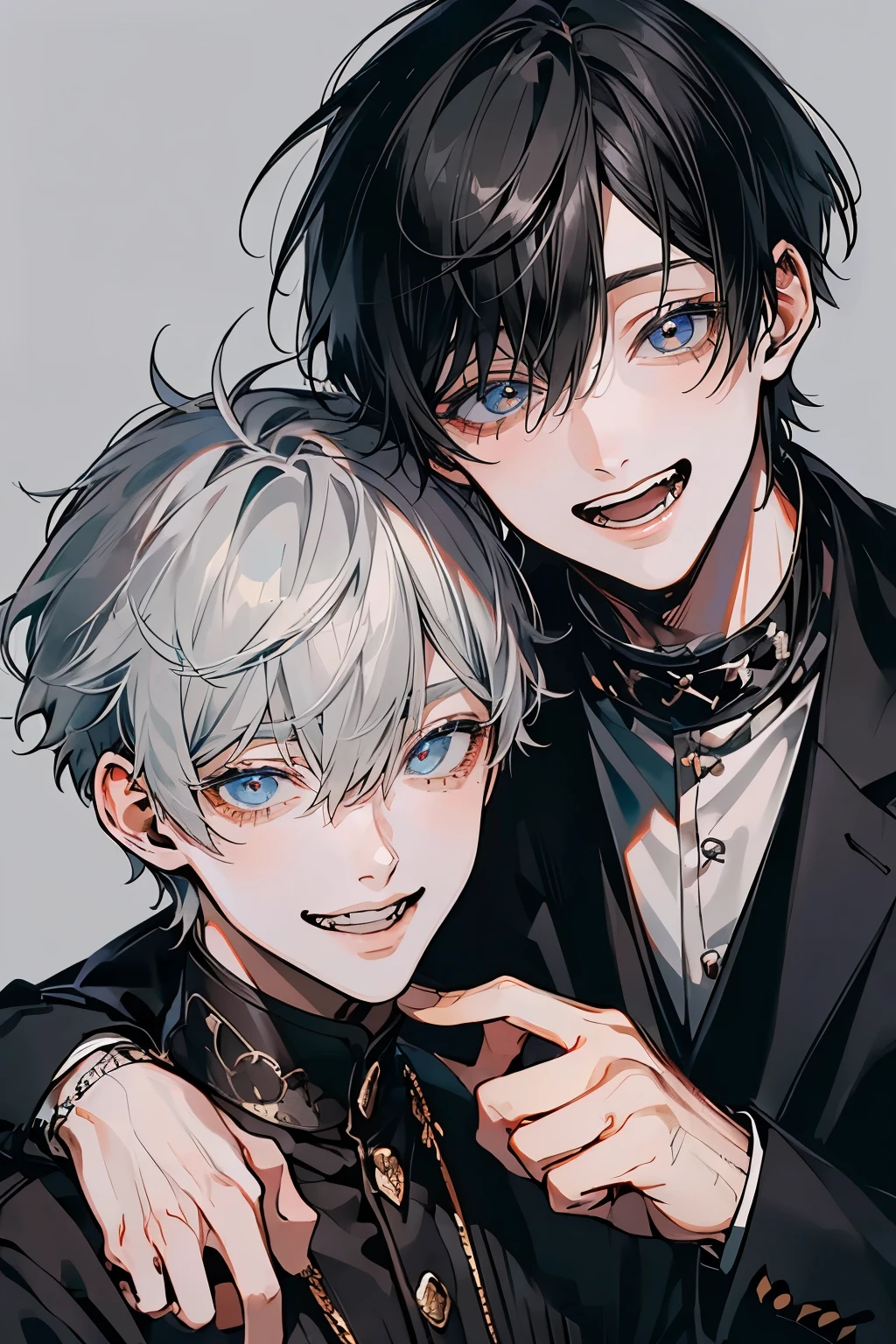 (Mastepiece), (Best Quality), Very detailed, ((Two friendly men:1.5)), Perfect Face, Beautiful Face, Very detailedな顔,(Black-haired man:1.3),(Grey-haired man:1.3)、(Laugh together:1.4)