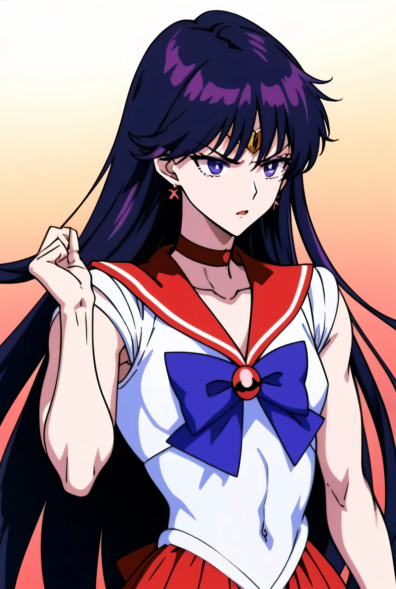 Top quality anime art、masterpiece、High definition anime art、4Kstyle、High resolution、Sailor Mars、Anime Boys、Cool Anime Boys、Sex change、Sex change(Girl to boy)、Sailor Warrior Uniform、Rei Hino、Male Body、solo、Red sailor collar、Blue bow tie、A boy with very long black hair、Flames around him、skirt、Magic Boy、Red choker、White leotard、High leg leotard、White Dress、traditional_media、fire、liparker_(medium)、Red Skirt、neck、Upper Body、burning、Elbow Handbags、Wearing makeup、jewelry、A golden circlet on the forehead、Glaring、White gloves、eyelash、Red lipstick、They are mocking me.、Muscular man、flame、blue_bow、mini skirt、Pleated skirt、Bare shoulders、red_back_bow、Muscular and strong body、blue_bow_tie、Earrings、Purple eyed boy、Dark eyed boy、multicolored_background、covered_navel、Hymn to the King as a Prince、(male body:1.3)、(1990s\(style\):0.9)、