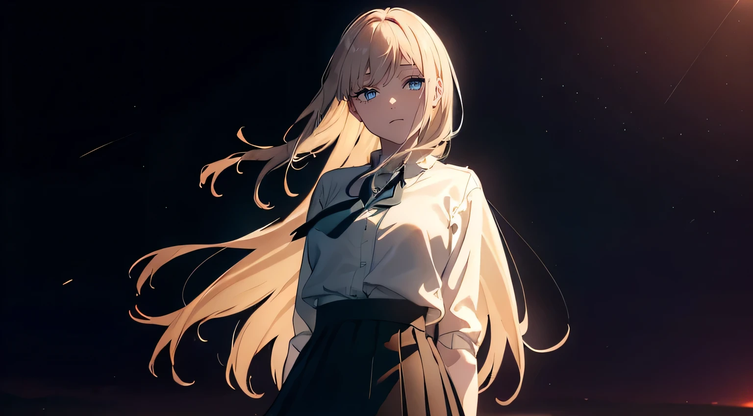 (((Obra maestra, La mejor calidad, ultrahigh resolution))), (((wide shot))), 1girl, standing, , white office shirt, black pleated skirt, ((light brown hair:0.7)), long hair cut, pale skin, ((blue eyes)), glowing_eyes, neon eyes, (((ultra detailed eyes, beautiful and detailed face, detailed eyes))), ((centered subject)), smile, ((wide shot)), facing viewer, eye level, (sunset background), flat chested, looking at viewer, ((half closed eyes)), ((perfect hands)), (((head, arms, hips, elbows, in view))), ((hands behind back)), empty eyes, beautiful lighting, outside, outdoors, shooting star:0.7, background, defined subject, massive hot sun, 25 years old