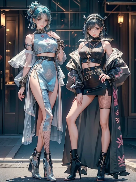 highest quality, Very detailed, masterpiece, Two women posing,(((Perfect female body))),Very beautiful face, Very beautiful body,Gentle expression, Very beautiful eyes,(Perfect Makeup:1.1),Fashion Model,Green and silver pop punk fashion,Short Bob Cut,Shaggy Hair,pink and blue hair:1.3, very thin body,Smart Abs,((Monogram pattern:1.3)),Various gradations,Fishnet tightsブラウス,Long pencil skirt,LED Light,Two-tone high top boots,A kind smile,Full body portrait,(Cyber City:1.3), (Shiny skin),(Earrings),Elegant scarves,See-through long shawl,Liquid Metal,Fishnet tights,