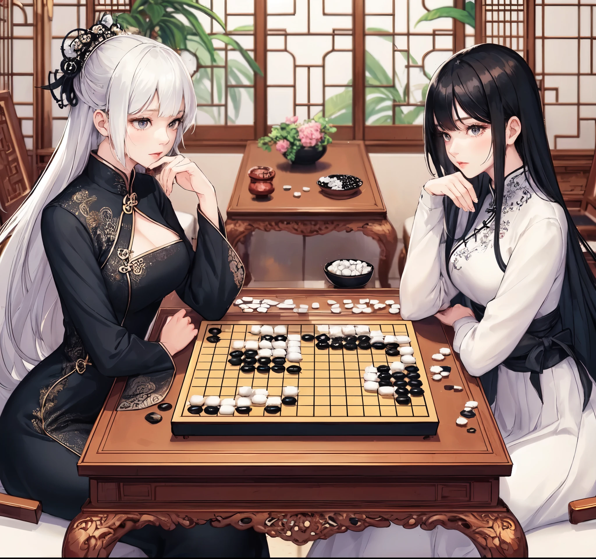 2ladies, from side, sitting across Go board, (facing each other), stylish outfit, mature female, cool expression, (light smile:0.6), (masterpiece bestquality:1.2) delicate illustration ultra-detailed, large breasts BREAK 1lady, (white hair) bangs, (black chic clothes) BREAK 1lady, (black hair) bangs, (white chic clothes) BREAK (luxurious Chinese-style room) indoors, (Go board) (black and white stones:1.1), Go board on table, noon, detailed background