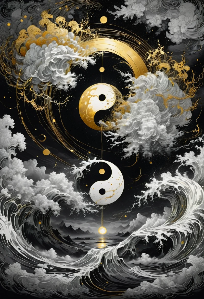best quality, ultra-detailed, black and white, monochrome, contrasting shades, high contrast, grayscale, aesthetic, Yin yang made of glowing liquid wind, stormy clouds and golden strings, hyperdetailed hyperintricate, made of wind and golden Air by Anna Dittmann, in style by Dan Mumford, Cyril Rolando and M.W Kaluta, 8k resolution
