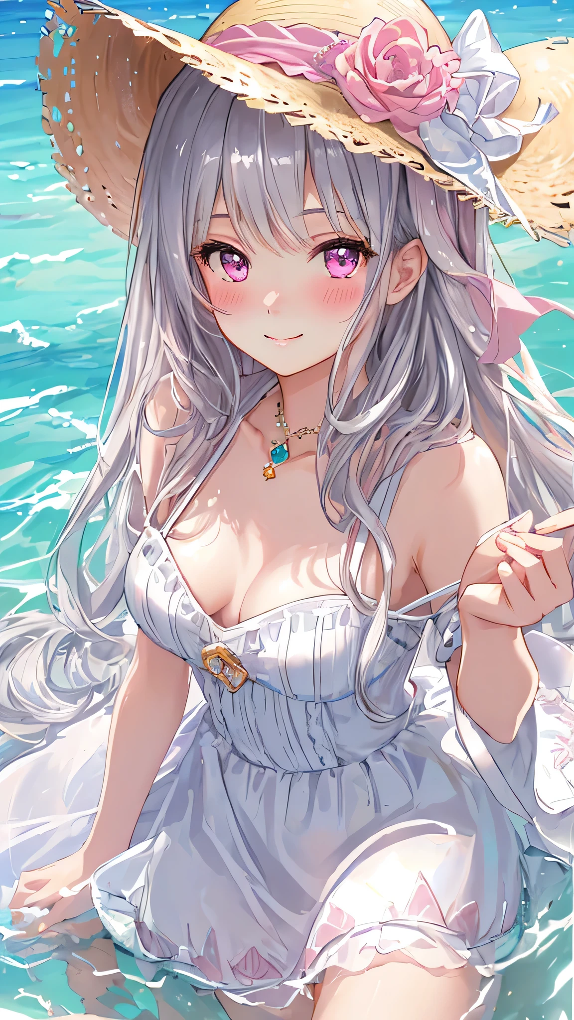 masterpiece,highest quality,Highly detailed face,fine grain,Sparkling eyes,Highlighted eyes,Mid-chest,blush、smile、pretty girl,Cat ear,Beautiful silver hair,Pink inside,Beautiful pink eyes,one piece、Straw hat、Ocean
