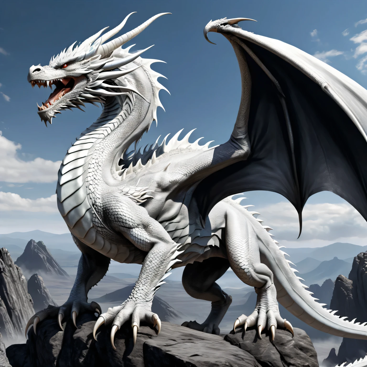 Realistic black and white photo, A large and powerful white dragon with ((extremely smooth and glossy skin)) it stands on a rocky plateau, ((smooth and elastic)) the texture of the dragon's skin is shown in detail, developed muscles, ((on the shoulders of the dragon)) is applied ((black tattoo of the eastern dragon)), ((tattoo is shown in detail)), high resolution, high definition, high detail, 32k, dragon tattoo, back tattoo