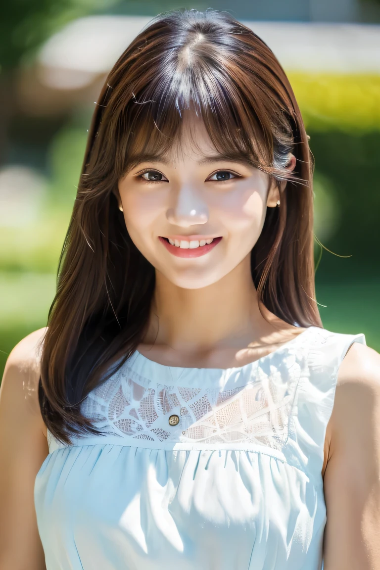 masterpiece , highest quality , Super detailed , 8K , cute woman , 1 girl , sleeveless blouse , bangs , smile , , symmetrical eyes, small bust,
