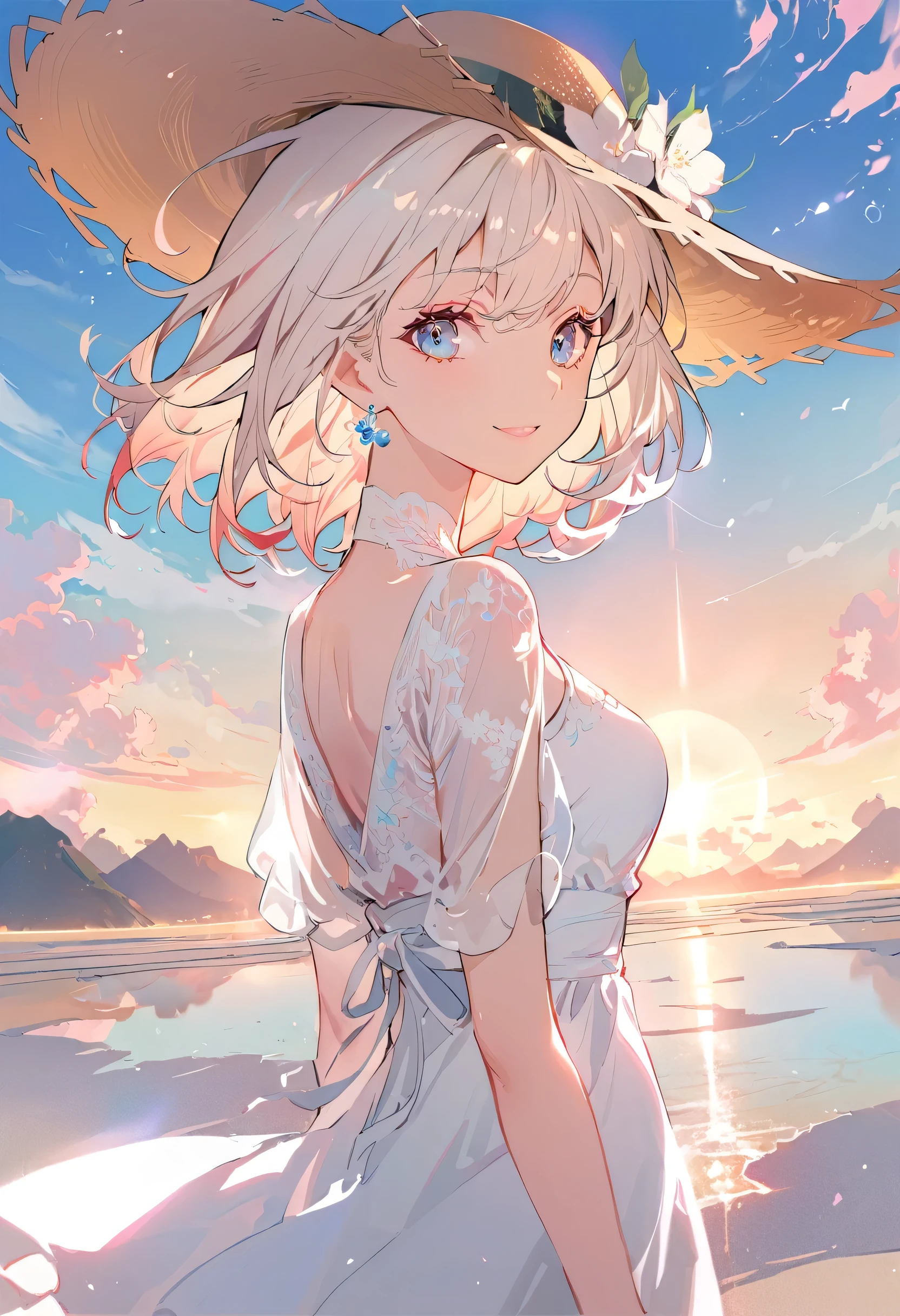 1 Girl, masterpiece, Extremely detailed, (Beautiful and delicate light), lens flare, white hair, short hair, Flowing hair, look back, Back, Smile, blue eyes, White Dress, Medium breasts, Upper Body, Wide-angle lens, straw hat, ((Uyuni Salt Flats)), sunrise, cloud, Backlight, Purple Sky, Sky, Gradient Sky, Place your hands on your hat