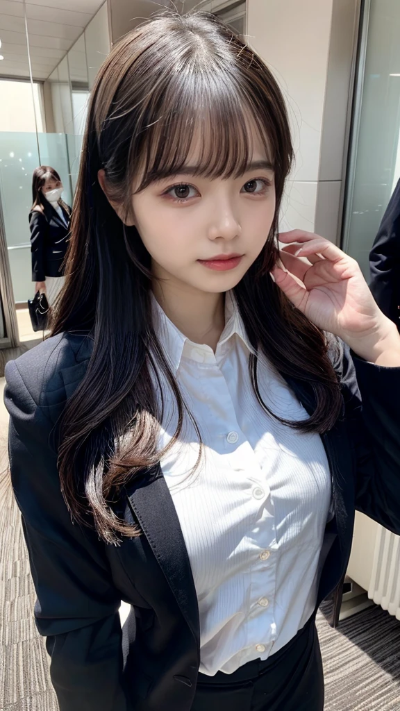 ((top-quality、8K、masterpiece:1.3))、1girl in、Beautiful woman Standing in the house:1.3、long-haired、Colossal tits、(Office Lady, ,Suit, Black Suit,Black jacket, white shirt:1.5)、Super delicate face、Delicat eyes、double eyelid、Close-up of upper body from below