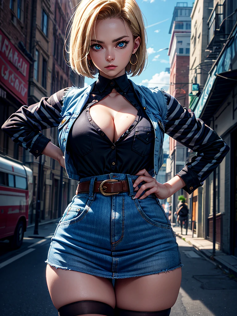 android 18, android 18, blonde hair, blue eyes, eyelash, hoop earrings, short hair, earrings, break belt, black legwear, black shirt, breast pocket, cleavage, clavicle, denim, denim skirt, high-waist skirt, jewelry, long sleeve, pocket, shirt, shirt tucked in, skirt, striped, striped sleeves, waistcoat,, break outdoors, city, null, cloud, sun, break looking at viewer, (cowboy shot:1.5), break (masterpiece:1.2), highest quality, High resolution, unity 8k wallpaper, (figure:0.8), (beautiful and fine eyes:1.6), highly detailed face, perfect lighting, Very detailed CG, (perfect hands, perfect anatomy)