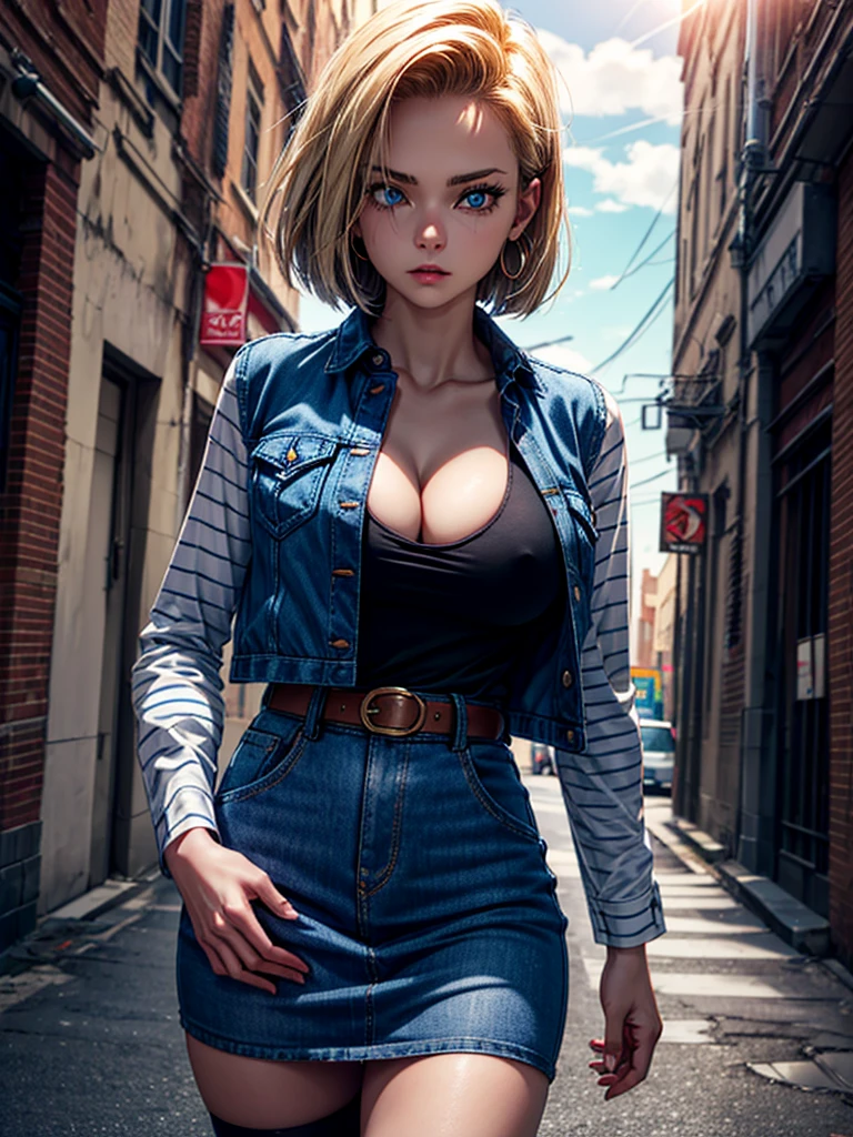 android 18, android 18, blonde hair, blue eyes, eyelash, hoop earrings, short hair, earrings, break belt, black legwear, black shirt, breast pocket, cleavage, clavicle, denim, denim skirt, high-waist skirt, jewelry, long sleeve, pocket, shirt, shirt tucked in, skirt, striped, striped sleeves, waistcoat,, break outdoors, city, null, cloud, sun, break looking at viewer, (cowboy shot:1.5), break (masterpiece:1.2), highest quality, High resolution, unity 8k wallpaper, (figure:0.8), (beautiful and fine eyes:1.6), highly detailed face, perfect lighting, Very detailed CG, (perfect hands, perfect anatomy)