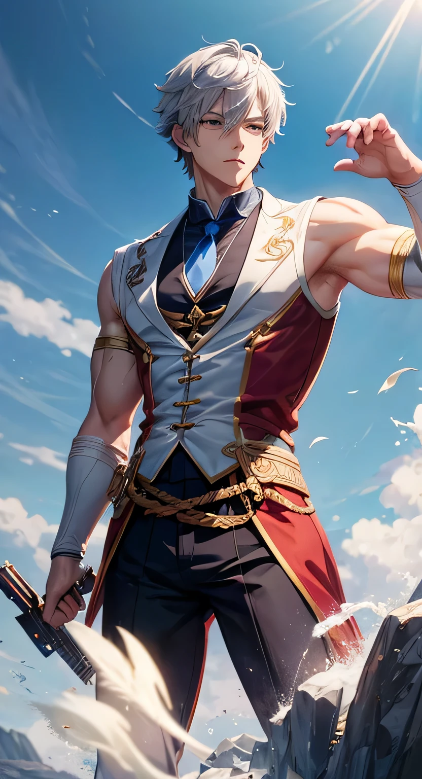 a boy, ancient chinese costume, full body, sunlight, clear face, clean white background, muscle body, masterpiece, super detail, epic composition, ultra hd, high quality, extremely detailed, official art, uniform 8k wallpaper, super detail, 32k, anime character with a gun and a blue tie posing for a picture, tall anime guy with blue eyes, handsome anime pose, male anime character, anime handsome man, young anime man, smooth anime cg art, ryuta ueda artwork, makoto shinka, anime boy, highly detailed exquisite fanart, detailed anime character art, best anime 4k konachan wallpaper, grey hair with bangs,
