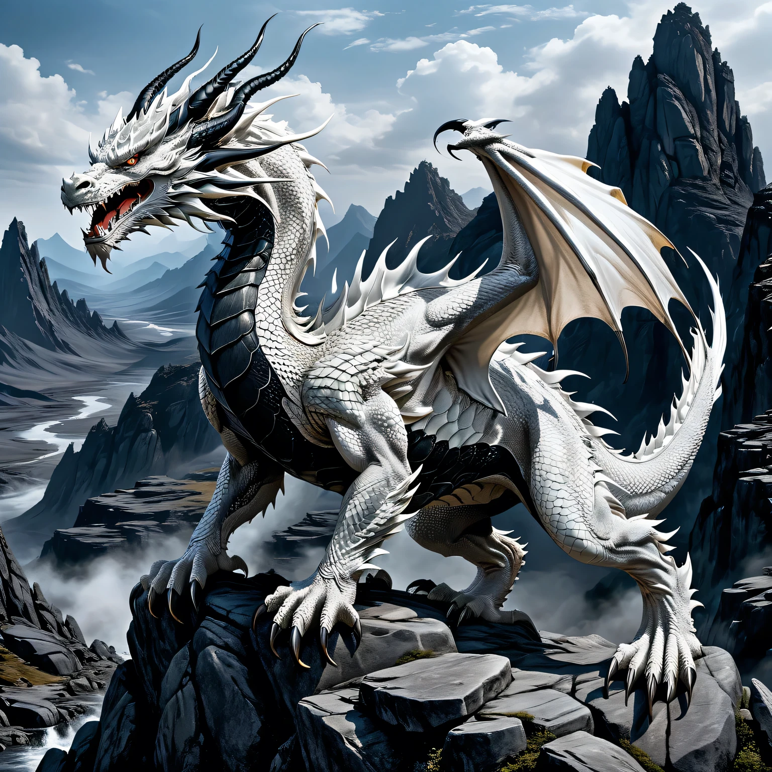 Realistic black and white photo, A large and powerful white dragon with ((extremely smooth and glossy skin)) it stands on a rocky plateau, ((smooth and elastic)) the texture of the dragon's skin is shown in detail, developed muscles, ((on the shoulders of the dragon)) is applied ((black tattoo of the eastern dragon)), ((tattoo is shown in detail)), high resolution, high definition, high detail, 32k