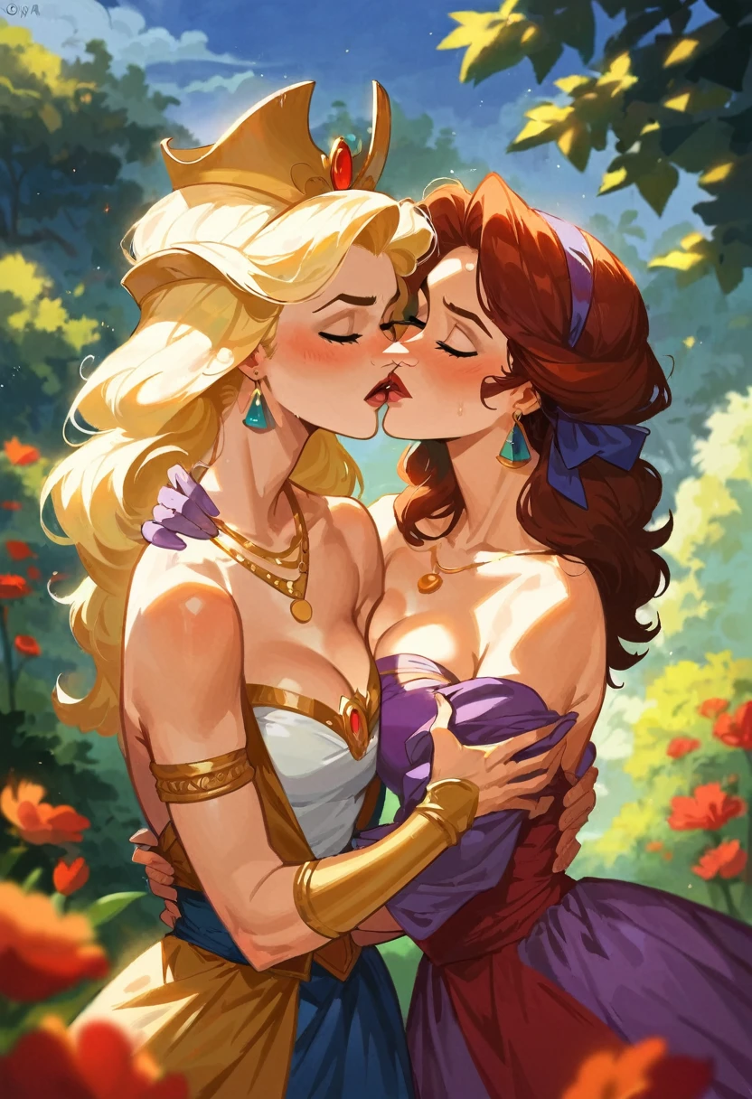 score_9, score_8_up, score_7_up, score_6_up, score_5_up, (high quality, detailed, beautiful), detailed soft lighting, rating_safe, 2girls, various Disney princesses, in love, romantic, lesbian, kissing, picturesque Disney locations., f/2.8, 50mm, Leica, (Masterpiece, Top Quality, High Resolution:1.1), (8K, RAW photo:1.2), depth of field, film grain, sharp, super detailed, intimate composition, exquisite details and textures, perfect anatomy, anatomically correct.