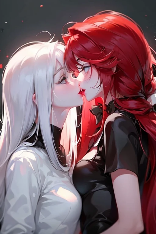 2girls,Girl1:a red hair and long hair,girl 2:white hair and long hair,Kiss