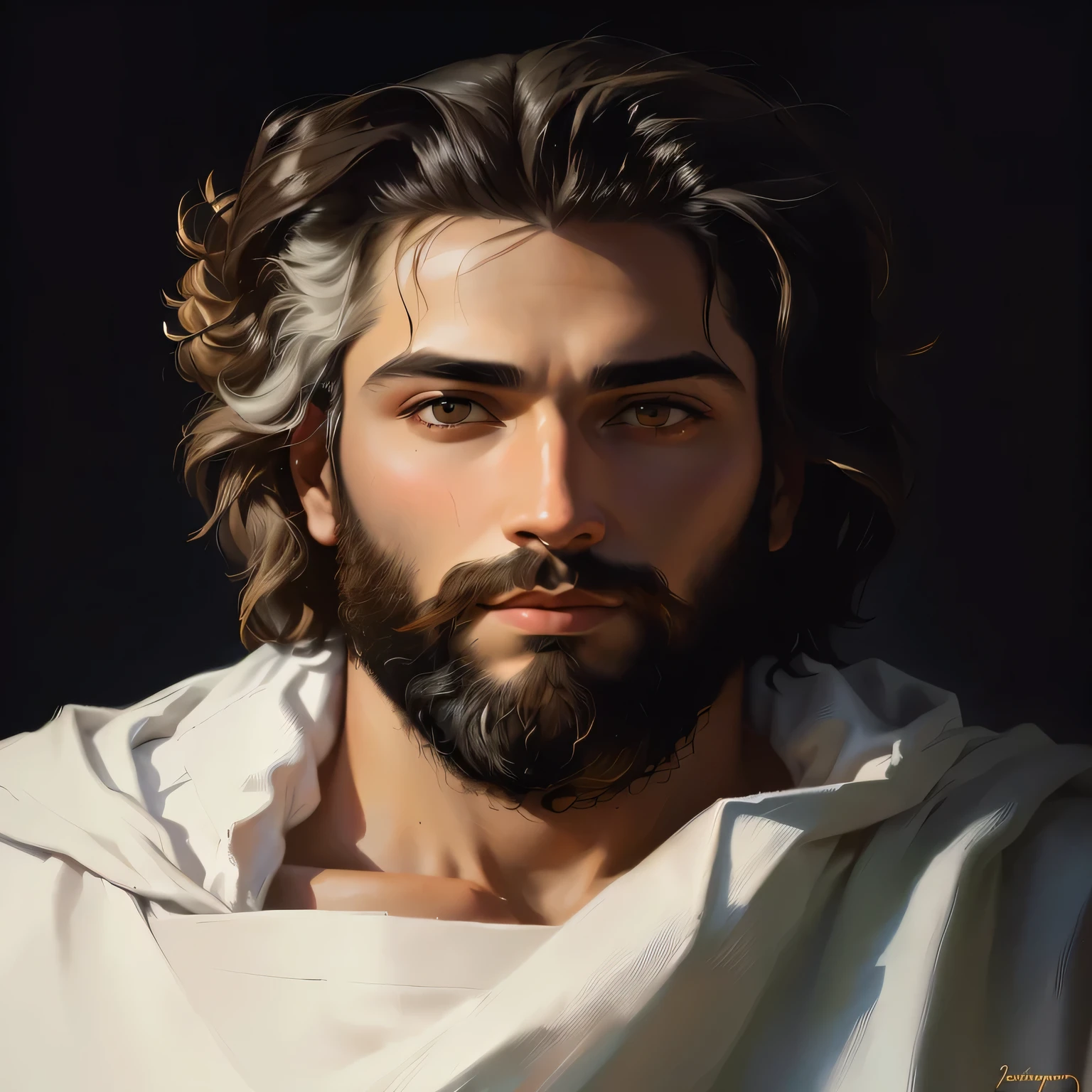 painting of a man with a beard and a white shirt, portrait of jesus christ, jesus christ, jesus, jesus face, jesus of nazareth, religious masterpiece portrait, the face of god, painted in high resolution, centered painted portrait, masterpiece work of art, side centered painted portrait, portrait of god, inspired by Juan O'Gorman, painting of a man and Akiane Kramarik, painting of Prince of Peace