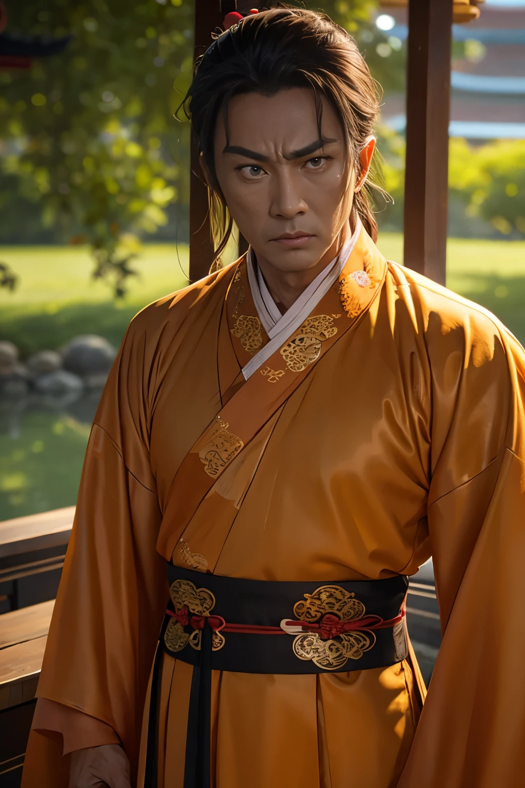 a 40 years-old man, mature, ((wearing hanfu clothes)), dark skin, orange hanfu, chinese traditional cloth, (angry face expression), tanned skin, wrinkles, angry middle aged man, cinematic lighting, depth of field, depth of field, depth of field, depth of field, depth of field, ray tracing, reflection light, masterpiece, high details, high quality, 1080P, HD, best quality, anatomically correct