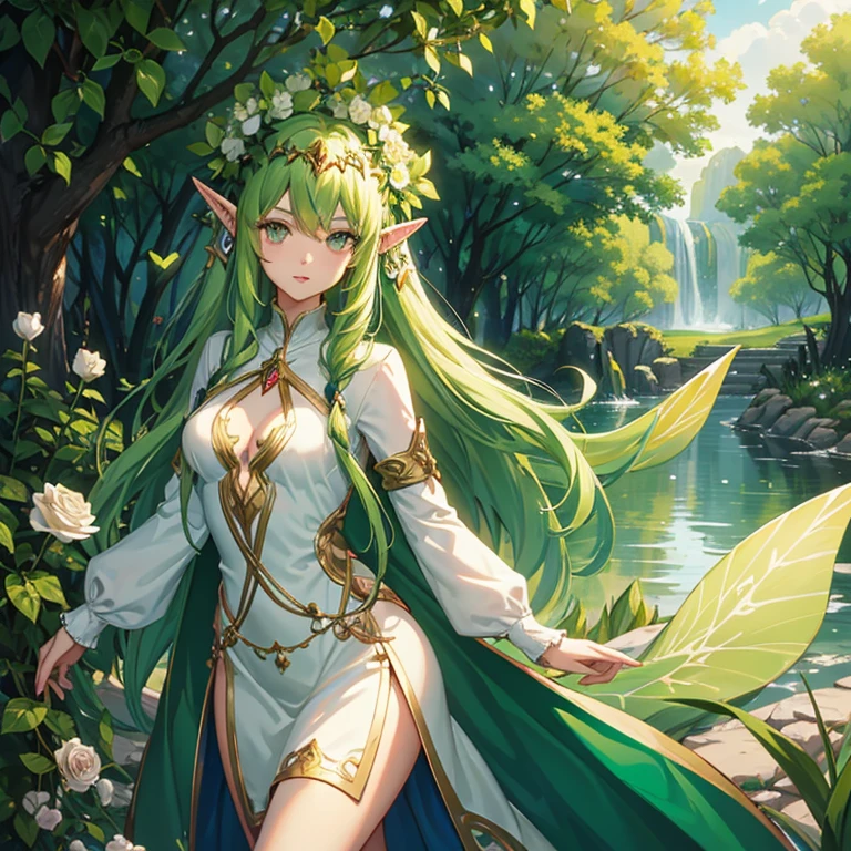 Fairy elf woman, light complexion, long, straight and loose green hair, pointed ears, dark green eyes, simple elven field green tunic with roses on her head