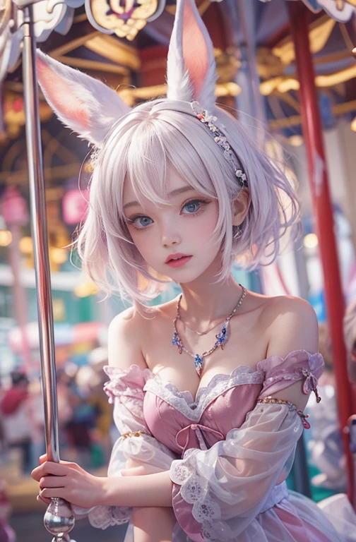 26 years old, Wide-angle lens, Woman in fashionable loose colorful clothes、Woman enjoying merry-go-round at night,thin、Serious expression、Short-haired、Deadly position, Gorgeous Necklace, Light milky porcelain skin, Smooth, Translucent white skin, Enchanting anime girl, Beautiful and seductive anime woman, Super realistic sweet bunny ears girl, Pale porcelain white skin, Smooth, Realistic and perfect body, Anime Girl Cosplay, Perfect body with realistic shadows, Switzerland'masterpiece, There is a real white rabbit. Red eyes and blue eyes