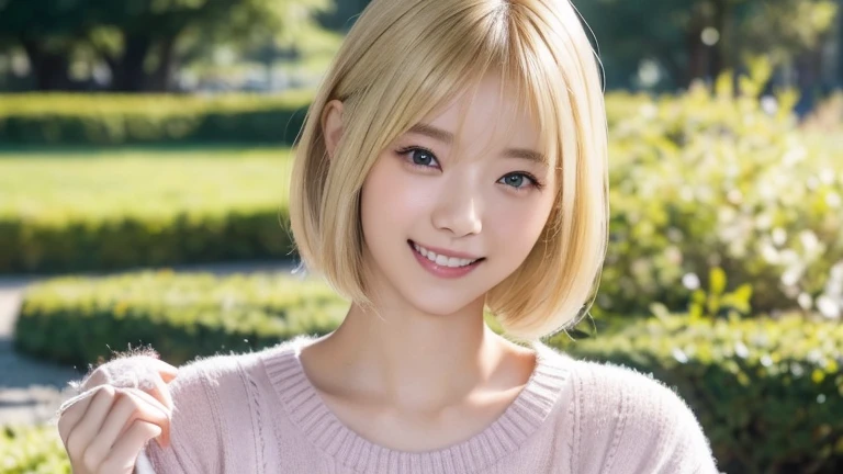 One woman、((Smile 1.6)) 、With Bangid Chest 1.6))、Looking at the camera(Tabletop:1.3), High resolution, Ultra-detailed, Highly detailed 8k wallpaper, Realistic, Photorealistic, RAW Photos, Beautifully detailed face, Pale skin, Detailed cloth texture, Detailed hair texture, Beautiful Face, Acura, Anatomically correct, Highly detailed face and skin texture, Natural neck length, (Fair skin:1.2), Blonde short cut、Japanese women, 22 years old、Detailed eyes、Cute realistic pictures((Smile 1.6⦆、The background is a blurred park、Knitwear in pastel colors