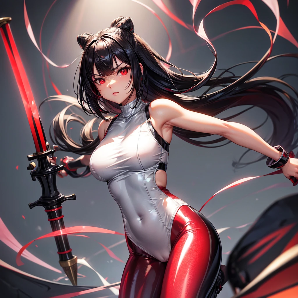 solo girl,Glossy metalic light silver tank top, tight latex shiny, Red interpolation color,Black hair bob,red eyes, camel toe, Samurai Sword,
Lift one leg,