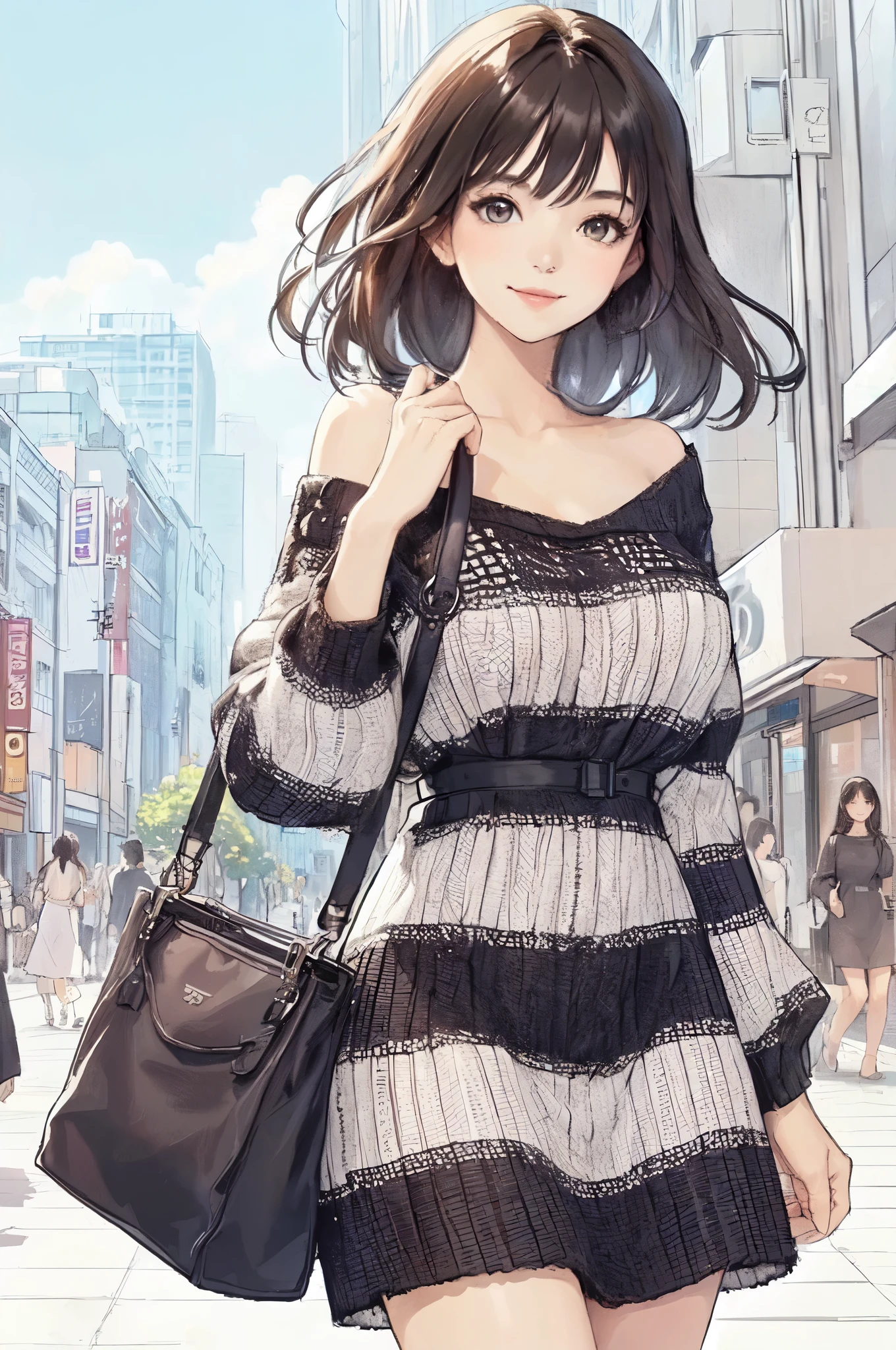 1lady solo, (strolling through city), (stylish outfit), (knit dress) (black and white theme), mature female, /(dark brown hair/) bangs, kind smile, (masterpiece best quality:1.2) delicate illustration ultra-detailed, large breasts BREAK (holding designer's bag) BREAK (populous downtown) outdoors, shopping street, crowded, noon, detailed background
