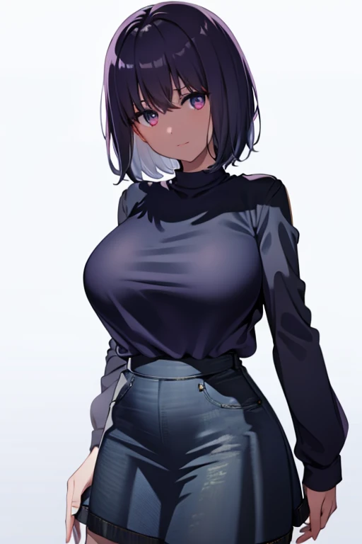 Best Quality, masutepiece, high resolution, (extremely fine and beautiful:1.1), (perfect details:1.1), (finely detailed eyes and detailed face:1.3), 1girl, (black hair:1.5, white hair), AkaneS, hex maniac, dark brown eyes, ((short hair, large breasts, tented shirt, shirt tucked in, t-shirt, impossible clothes, loose, jacket, denim skirt:1.5)), smile, (cowboy shot)