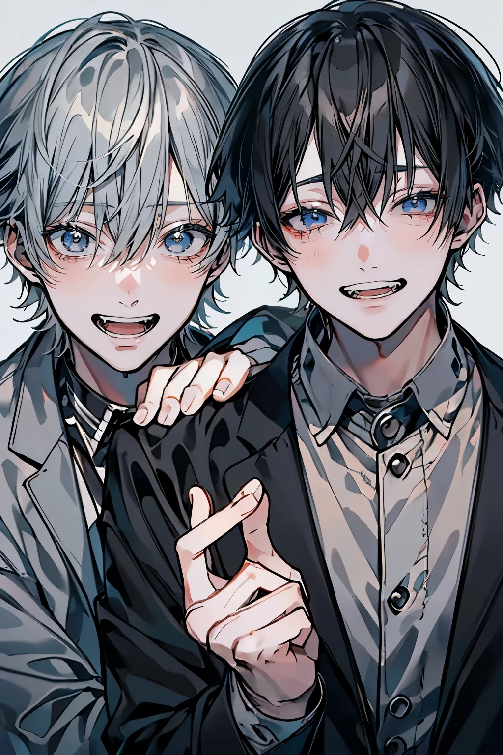 (Mastepiece), (Best Quality), Very detailed, ((Two friendly men:1.5)), Perfect Face, Beautiful Face, Very detailedな顔，(Black-haired man:1.3)，(Grey-haired man:1.3)、(Laugh together:1.4)