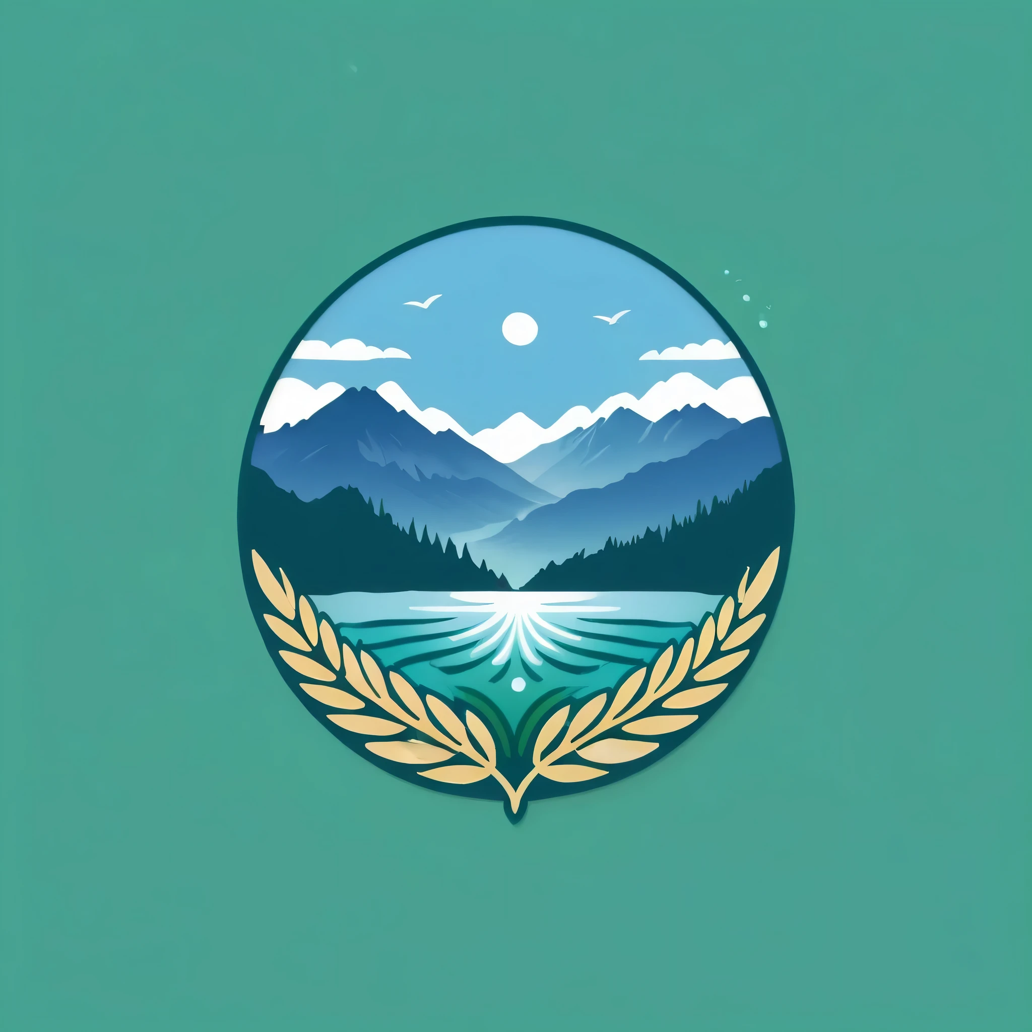 high quality logo,Wheat lace,White simple background,Blue lake water,Green water and green mountains,Small background,Enlarge the logo