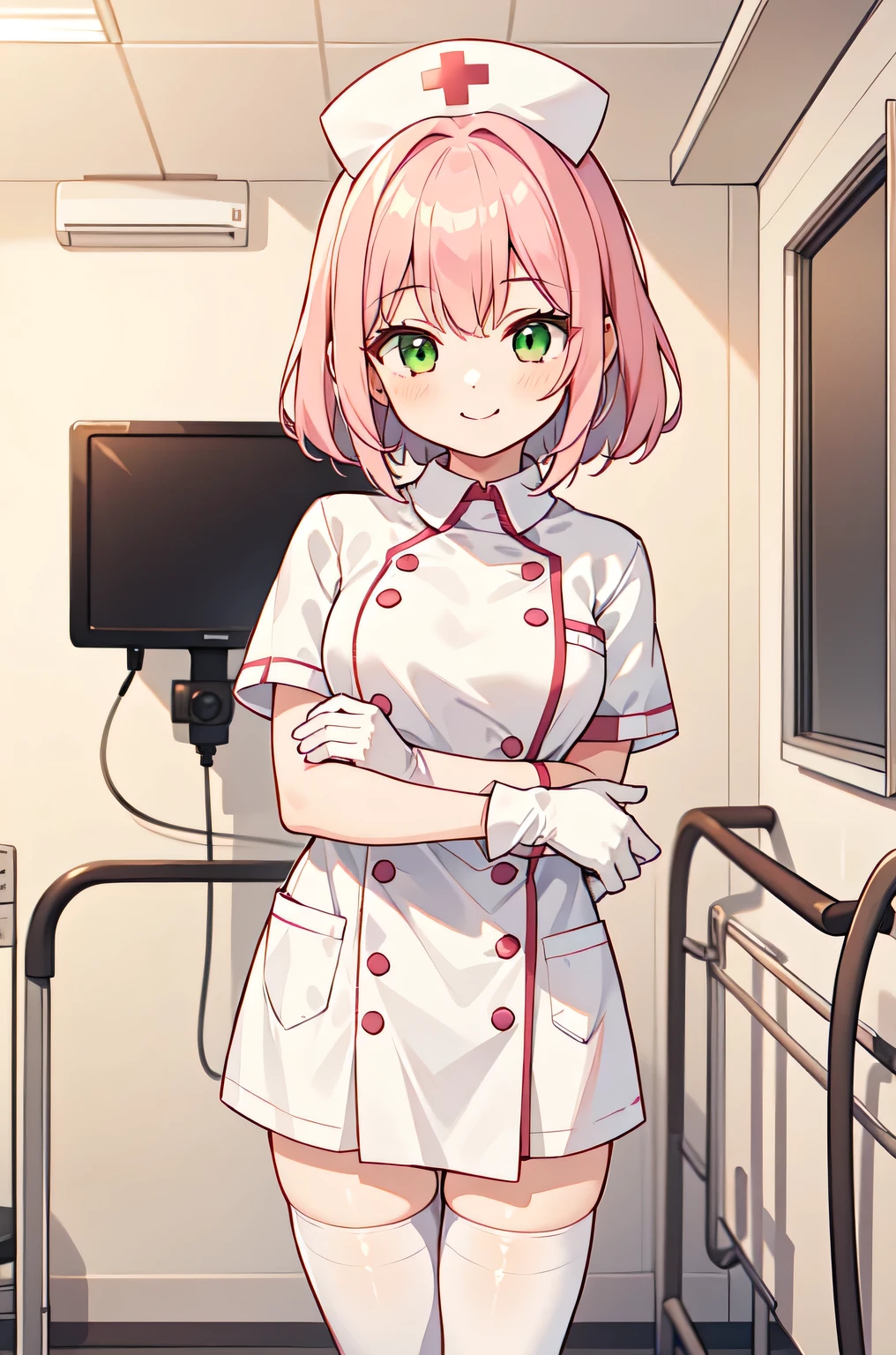 1girl, solo, nurse, white nurse cap, white nurse uniform, ((white legwear, zettai ryouiki)), white gloves, pink hair, green eyes, drooping eyes, smile, standing, ((hospital room)), sharp outline, short sleeves, best quality, masterpiece
