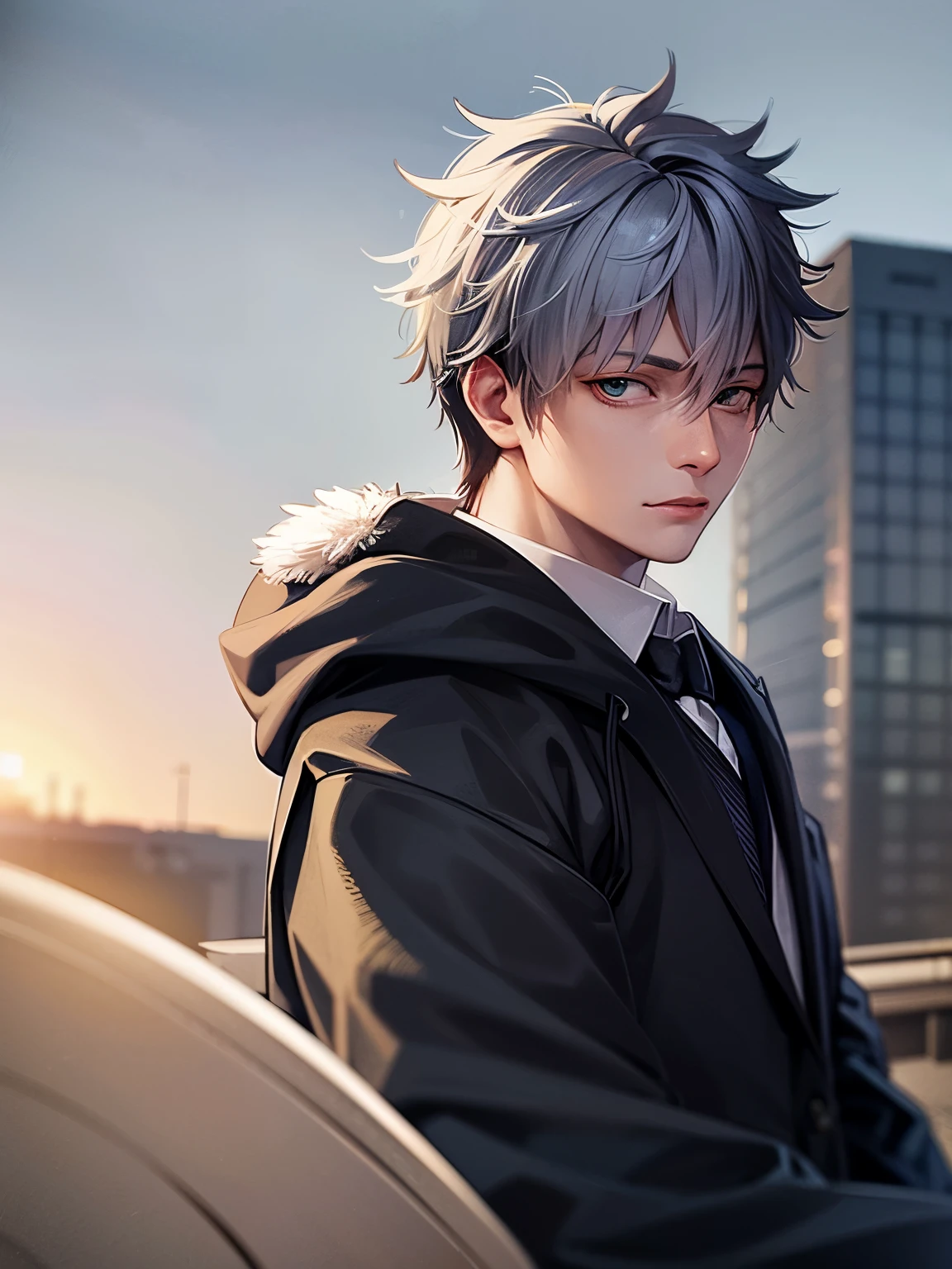 anime、Similar to Gojo Satoru from Jujutsu Kaisen、A cute, handsome college student with white hair and green eyes.